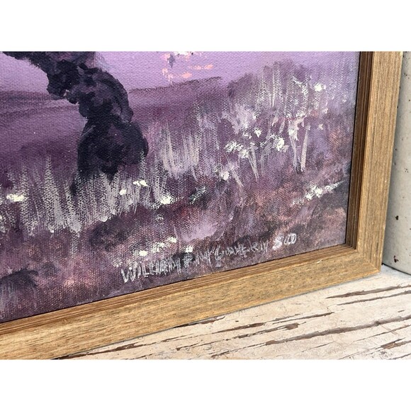 Vintage Signed Framed Oil Painting Cherry Blossom Tree At Dusk W/Moon Is Rising - Picture 7 of 9